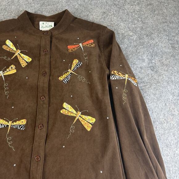 Quacker Factory Shirt Womens Medium Embroidered Dragonfly Button Down Artsy - Picture 2 of 8